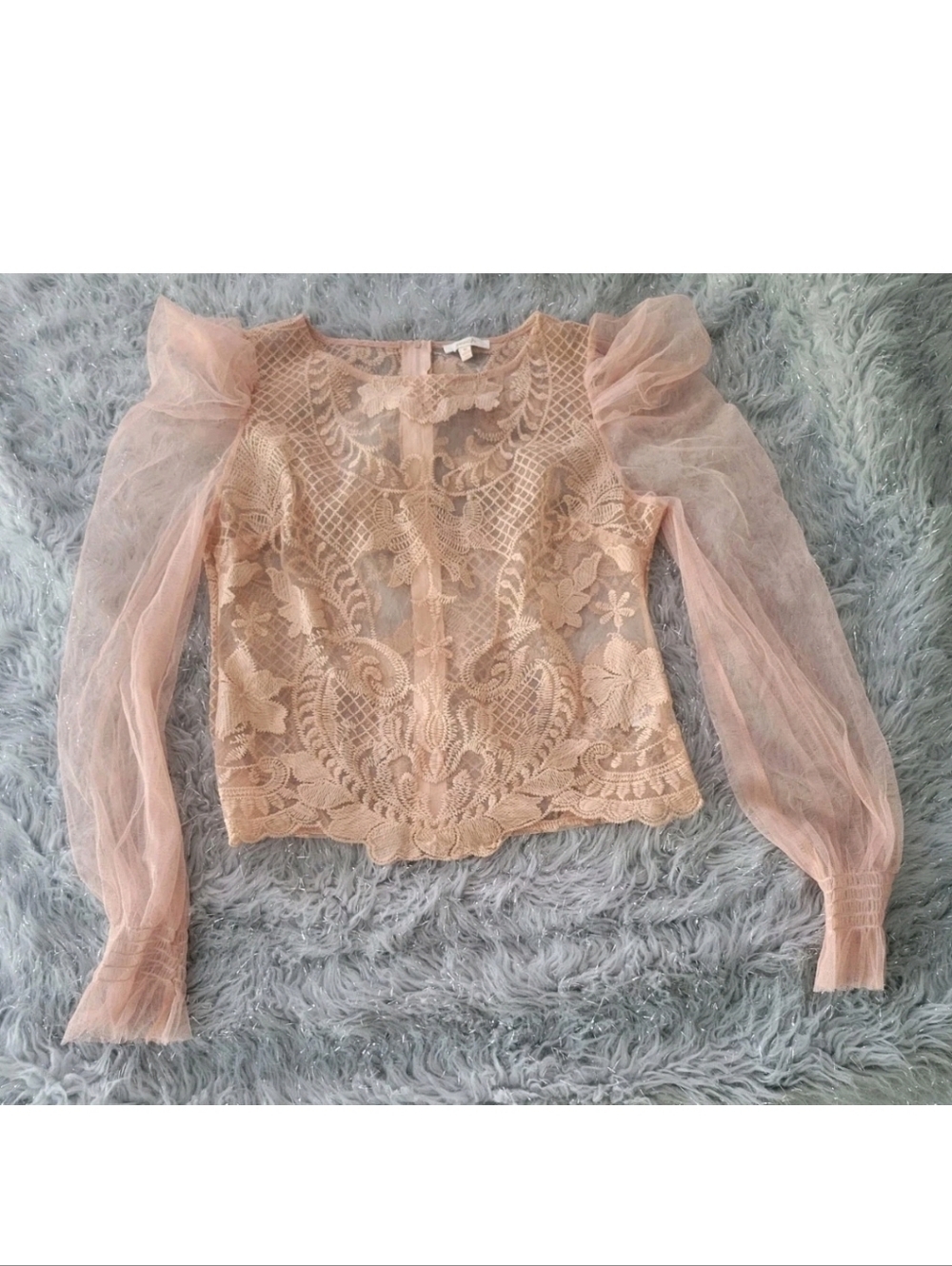 Peach Lace Dramatic Top Embroidered Lace Sheer Bell Sleeve Romantic Goth Boho M - Picture 5 of 10
